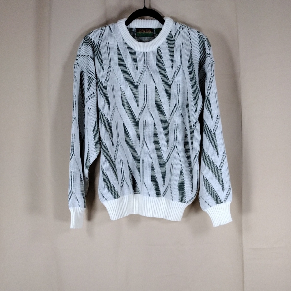 Vintage 90s Oakton Limited White Green Patterned Stretchy Acrylic Men's Sweater